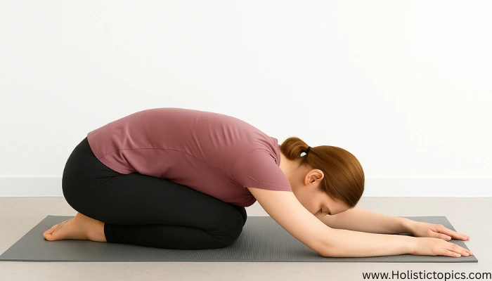 Beginner resting in Child’s Pose to practice gentle, mindful progression and respect physical limits during yoga.”