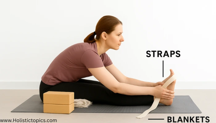 Beginner using a yoga strap and props like blocks and a blanket to safely modify a forward-bend pose on a yoga mat.