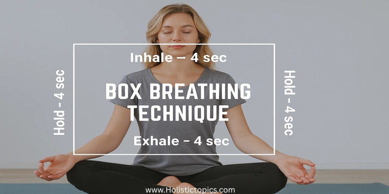 Woman practicing the box breathing technique with step-by-step inhale, hold, and exhale guidance for calm and stress relief.