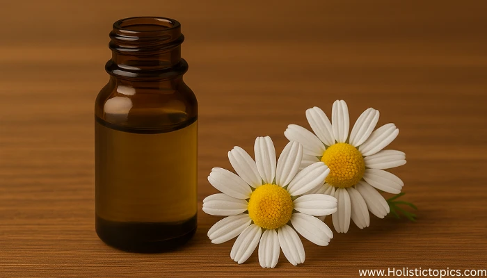 Amber glass bottle of chamomile essential oil with fresh chamomile flowers on a wooden surface.