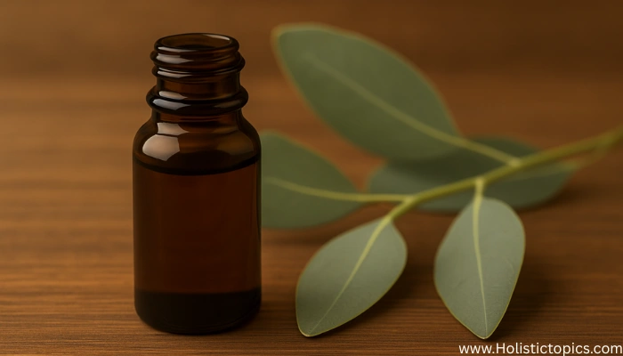 Amber glass bottle of eucalyptus essential oil with fresh eucalyptus leaves on a wooden surface.