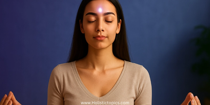 A calm woman meditating with a glowing third eye point showing how to activate ajna chakra naturally.