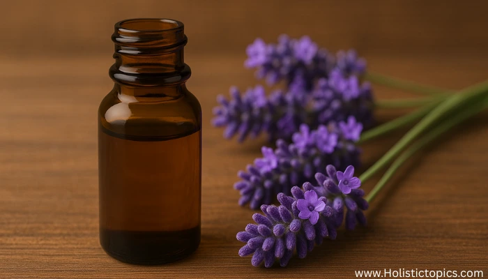 Amber glass bottle of lavender essential oil with fresh lavender flowers on a wooden surface.