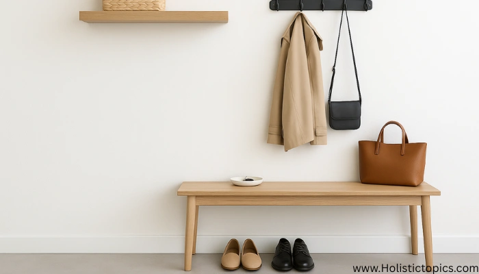 minimalist home entryway with a light wood bench, neatly arranged shoes, simple coat hooks, and essential bags creating a clean and organized space