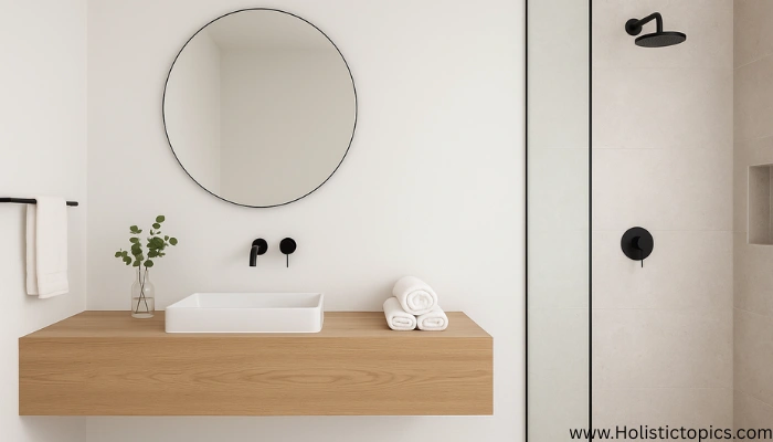 minimalist home checklist inspired bathroom with a clean floating wooden vanity, round mirror, matte black fixtures, and a bright clutter free design
