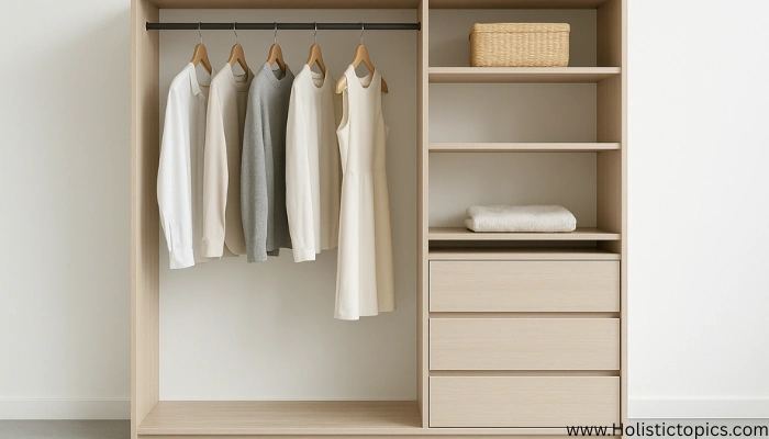 minimalist home checklist inspired closet with light wood shelves, neutral clothing pieces, and a clean open wardrobe design