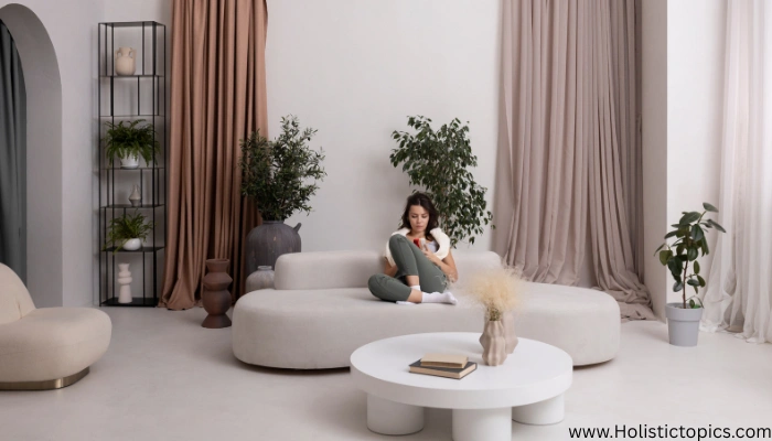 Minimalist home checklist inspired living room with a woman sitting in a clean and calm space