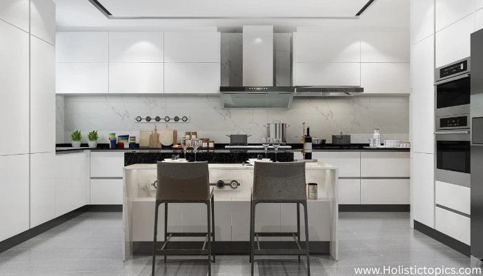 Modern minimalist kitchen with clear countertops and clean white cabinets