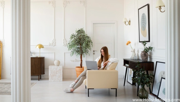 Minimalist home checklist inspired bright living room with a woman sitting in a clean, simple space