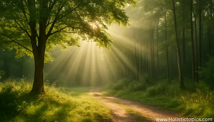 Sunlight streaming through a peaceful forest, symbolizing calmness and inner clarity before Ajna chakra practice.