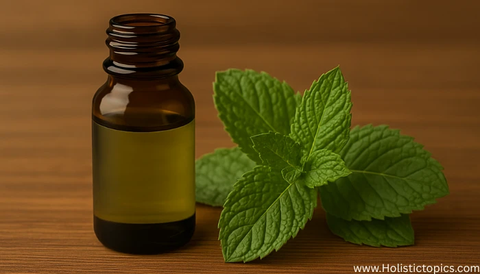 Amber glass bottle of peppermint essential oil with fresh green peppermint leaves on a wooden surface.