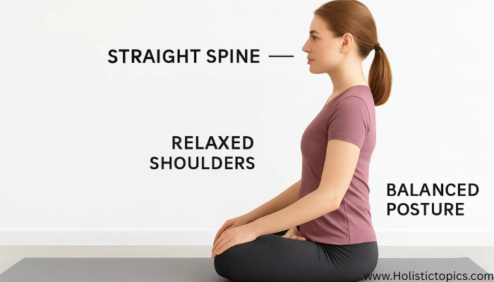 Woman demonstrating proper yoga alignment with straight spine, relaxed shoulders, and balanced posture for safe yoga practice.