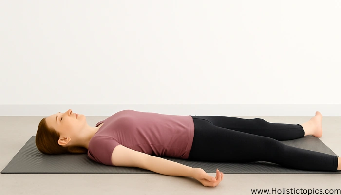 Beginner lying in a resting pose on a yoga mat for safe recovery, following yoga safety tips for beginners.