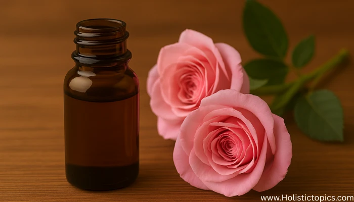 Amber glass bottle of rose essential oil with fresh pink roses on a wooden surface.