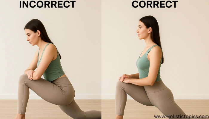 A woman demonstrating incorrect and correct low lunge alignment side-by-side, showing essential yoga safety tips for beginners to prevent knee strain and improve posture.