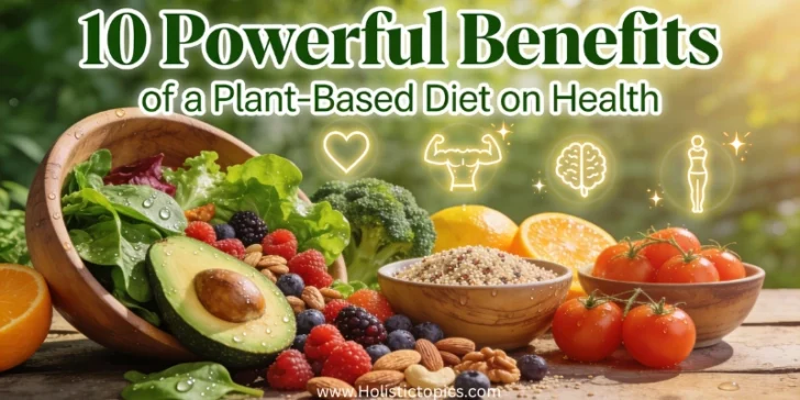 benefits of a plant based diet on health shown with fresh fruits vegetables grains and nuts