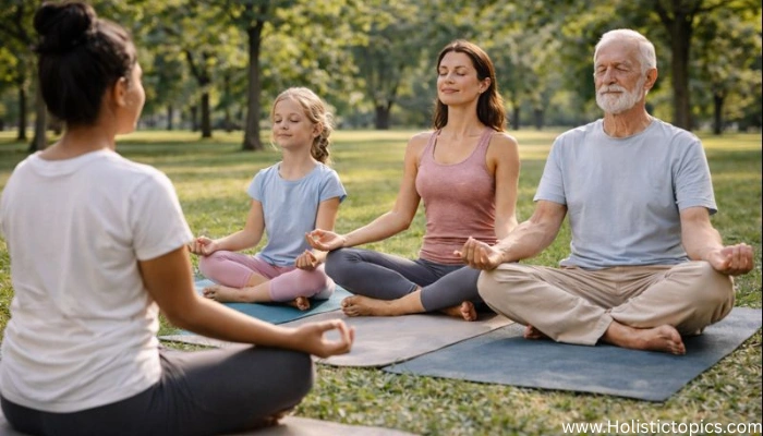 People of different ages practicing gentle yoga together outdoors under calm guidance